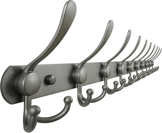 Dseap Coat Rack Wall Mount - 38” Long 10-Tri-Hooks Heavy Duty Coat Hanger Rail Wall Hooks for Hanging Coats Hats Clothing Clothes Purse Mudroom Entryway, Gray