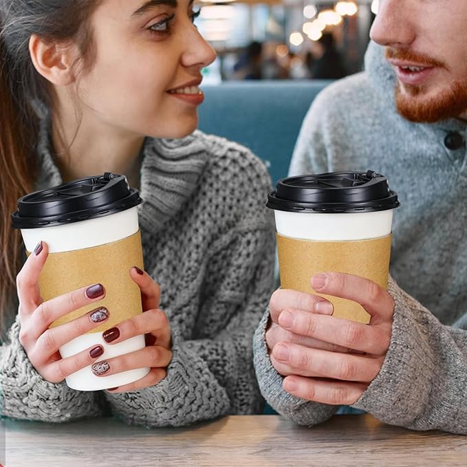 Lamosi 50 Pack 20 oz Disposable Coffee Cups with Lids and Sleeves, Grey To Go Leak-Proof Black Paper Cups for Picnics, Parties, Travel, Offices and Coffee Bar Supplies