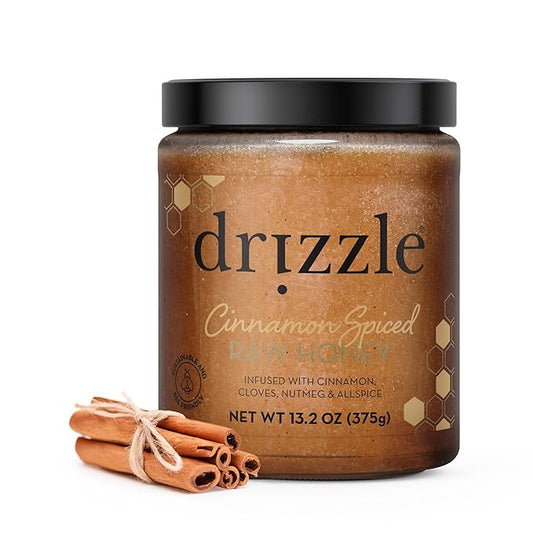 Drizzle Cinnamon Spiced Raw Honey - All Natural Pure Raw Honey with Organic Cinnamon, Unfiltered & Unheated, Use in Tea & Coffee, Sugar Substitute, Certified Kosher - 13.2 oz Jar (375 g)
