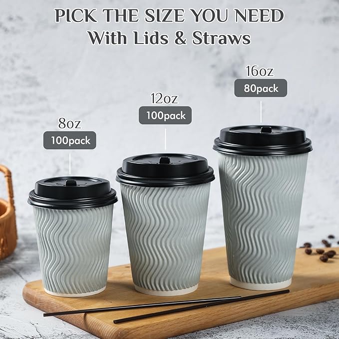 MUCHII 12 oz Disposable Coffee Cups, 100 Count Insulated Ripple To Go Cups With Lids and Straws for Tea, Hot Chocolate, and Drinks