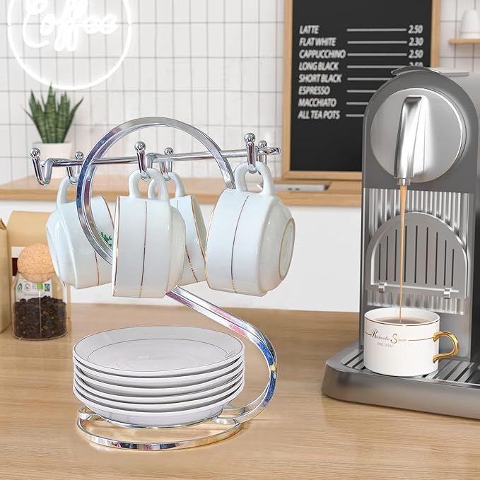 Coffee Mug Holder Metal,Mug TeaCups Holders Countertop,Coffee Mug Tea Cup Stand Storage Rack Tabletop Counter 6 Hooks(Silver)