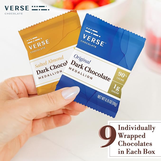 Verse Dark Chocolate Squares Variety Pack - Original and Salted Almond w/Low Cane Sugar, High Cacao - Premium Dark Chocolates - Individually Wrapped Chocolate Squares (9 Count, 2 Pack)