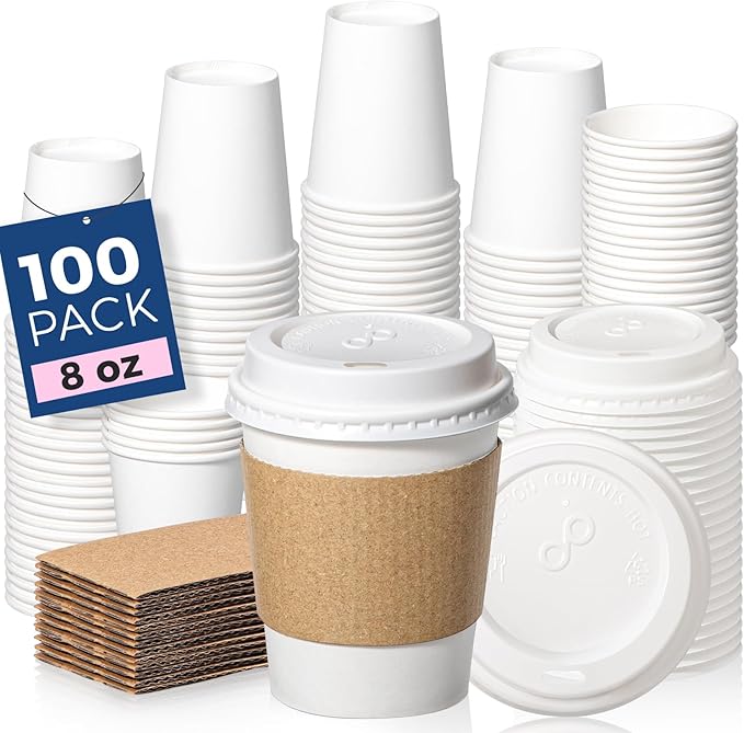 Fit Meal Prep 100 Pack 8 oz Disposable Coffee Cups with Lids, Sleeves, Leak-Proof To Go Coffee Cups with Lids, Durable Hot Paper Cups for Home, Office, Party, Business