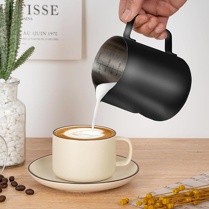 Milk Frothing Pitcher, 20oz Milk Frother Cup with Clear Scale, 304 Stainless Steel Cappuccino Espresso Machine Accessories for Barista Coffee Bar with Latte Art Pen, Black