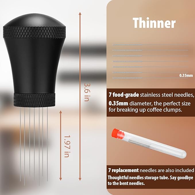 WDT Espresso Distribution Tool Espresso Stirrer Tools for Barista, 0.35mm 7 Needles Espresso Coffee Stirrer with Extra 7 Replaceable Needles, Aluminum Alloy Handle with Stand (Black)