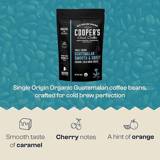 Guatemala Organic Cold Brew Coffee, Single Origin, Gourmet Beans, Tasting Notes of Milk Chocolate, Creamy Caramel & A Hint of Orange, Medium Roast Coarse Ground Beans, 16 oz Coffee Bag