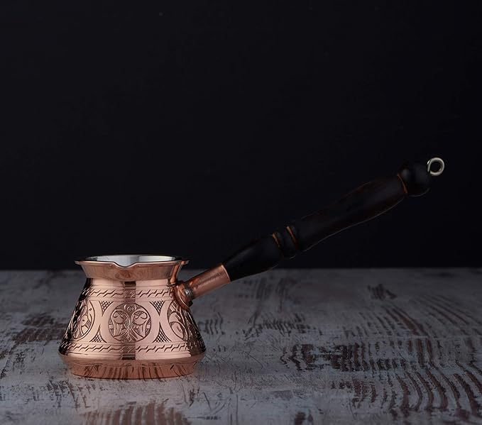 DEMMEX Thickest Copper Turkish Greek Arabic Coffee Pot, Stovetop Coffee Maker, Cezve Ibrik Briki with Wooden Handle & Spoon, Hand Engraved