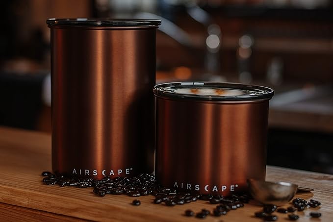 Planetary Design Airscape Stainless Steel Coffee Canister | Food Storage Container | US Patented Airtight Lid | Push Out Excess Air Preserve Food Freshness (Small, Brushed Copper)