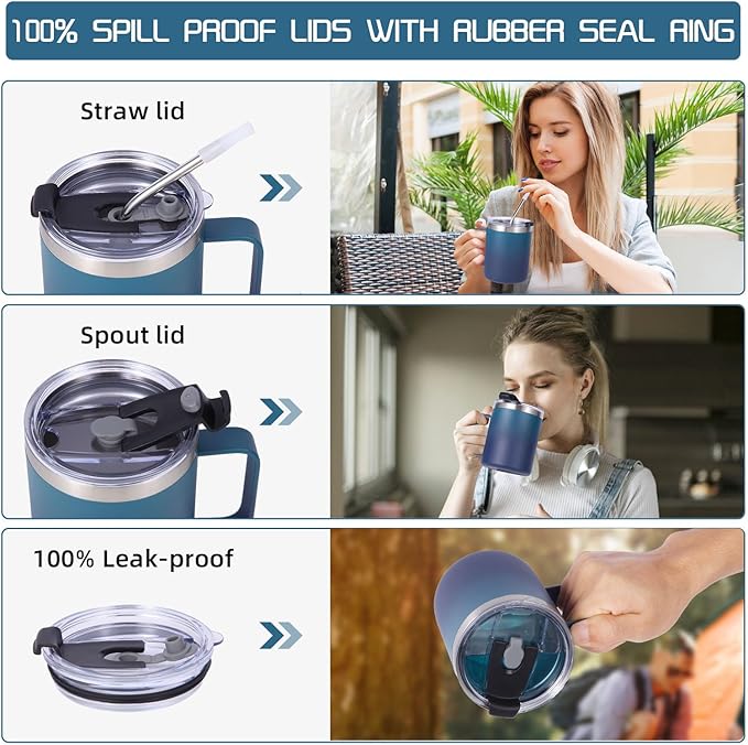 Volhoply 12oz Insulated Leakproof Coffee Mug with Flip & Straw Lid,Double Wall Vacuum Stainless Steel Travel Tumbler Cup with Handle,Reusable Camping Mugs Keep Cold/Hot(Dark Night,1 Set)