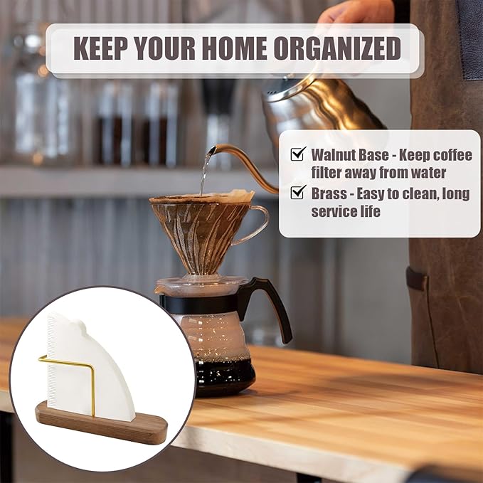 Coffee Filter Holder Storage, Stand Coffee Filter Container Compatible with V60 Paper Coffee Filters Size #01 and #02, Walnut and Brass