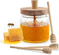 17oz Honey Jar with 3 Wooden Dippers,Pot Container Dispenser,Clear Glass Honey Container for Home Kitchen,Store Honey and Syrup,Easy to Clean