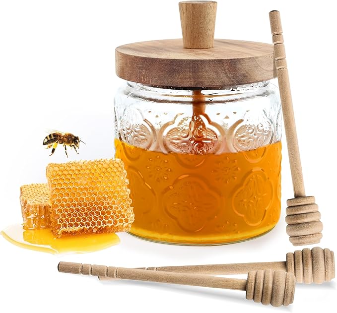 17oz Honey Jar with 3 Wooden Dippers,Pot Container Dispenser,Clear Glass Honey Container for Home Kitchen,Store Honey and Syrup,Easy to Clean