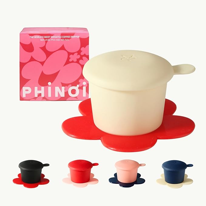 – Vietnamese Coffee Dripper – MIX COLORS – Pour Over Coffee Maker with Flower Design – Reusable Coffee Filter for Sustainable Brewing (Ivory + Red)