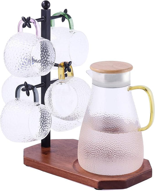 Mug Tree for Large Mugs With 6 Hooks and Coffee Pot Tray - Multi-Function Stand for Counter, Bar Accessory & Kitchen Organizer
