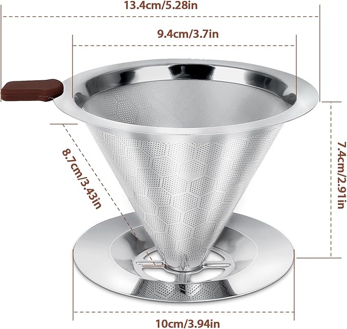 Pour Over Coffee Dripper, LOOFORE Stainless Steel Coffee Filter, Metal Cone Filter Paperless Reusable Coffee Filter Single Cup Coffee Maker 1-2 Cup, with Spoon and Silicone Tray, Cleaning Brush