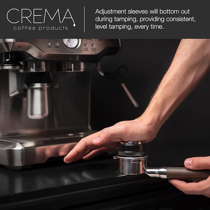 CREMA Coffee Products 54mm Hand Tamper & Coffee Distributor | Compatible with Breville Portafilters| Double-Sided, Adjustable Depth Tool | Made with Durable 304 Stainless Steel | Black