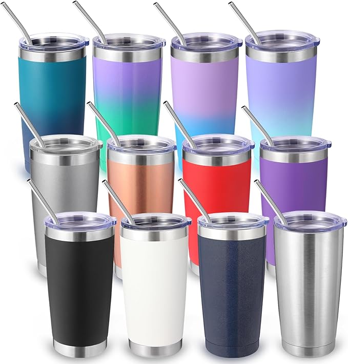 Volhoply 20oz Stainless Steel Tumbler with Lid and Straw Bulk 12 Pack,Double Wall Insulated Travel Iced Coffee Mug Fits Cup holder,Powder Coated Cups for Cold Drinks,Christmas Gifts（Assorted,12 Set）