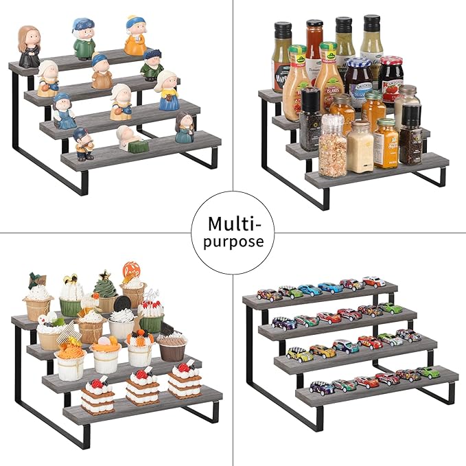 YINMIT Wooden Display Riser Stand, Tiered Perfume and Cologne Organizer Stand, 4 Tier Spice Rack Organizer, Rustic Display Shelf for Candles (4 Tier,2Pack,Grey)
