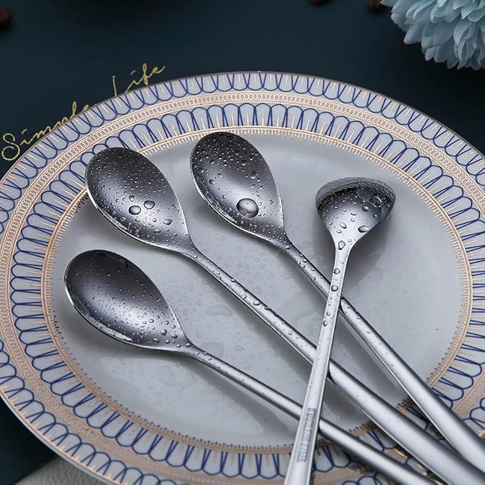 Premium Stainless Steel Coffee Stirrer Set, Long Handle, Ice Tea & Cream Spoons, Cocktail Stirrer - Set of 6 (Silver)