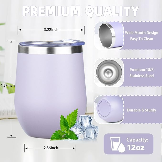 12oz/4 Pack Stainless Steel Wine Tumbler with Lid and Straw, Double Wall Vacuum Insulated Wine Tumbler Glasses, Stemless Travel Mugs for Hot and Cold Drinks, Coffee, Wine, Cocktails