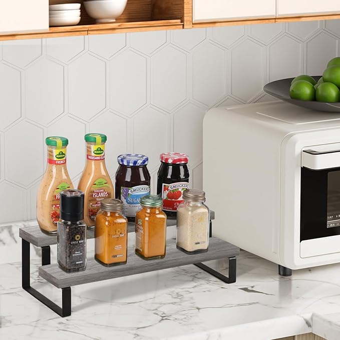 YINMIT Wooden Display Riser Stand, Tiered Perfume and Cologne Organizer Stand, 2 Tier Spice Rack Organizer, Rustic Display Shelf for Candles (2 Tier,Grey)