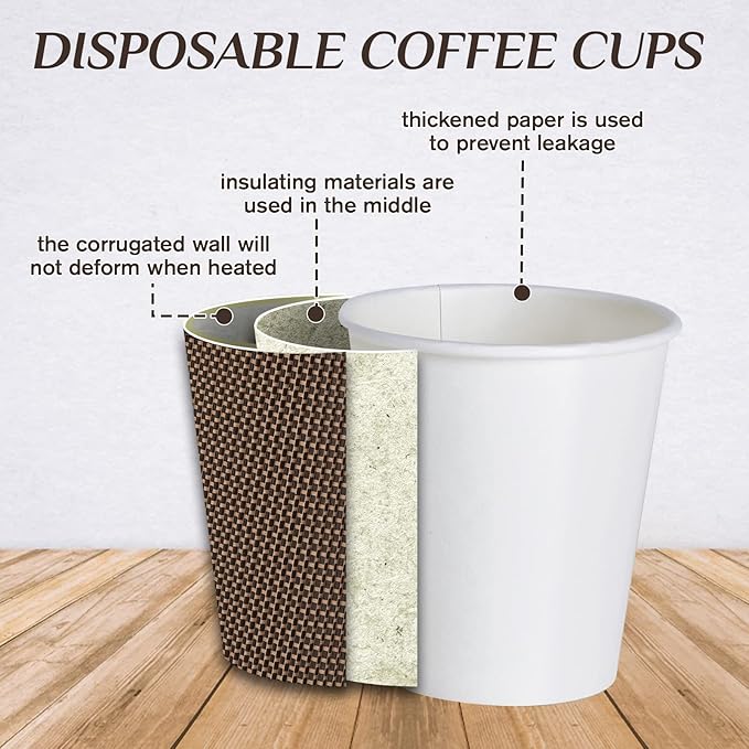 LITOPAK 80 Pack 12 oz Paper Coffee Cups, Insulated Ripple Wall Hot Coffee Cups with Lid and Straws, Brown Three Layer Insulated Hot Beverage Cups for Parties, Picnic, and Travel