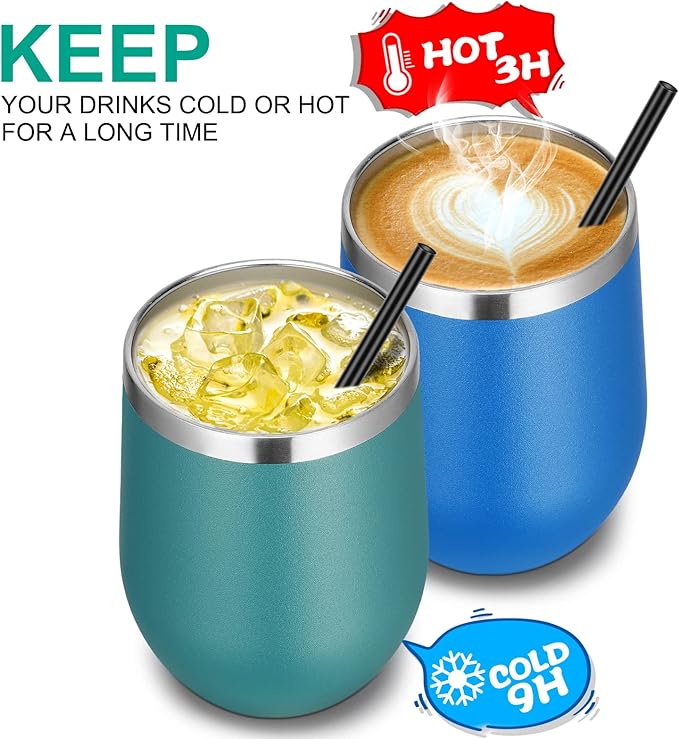 VEGOND Wine Tumblers Bulk 6 Pack, 12oz Stainless Steel Stemless Wine Glass with Lids and Straws, Double Wall Vacuum Insulated Tumbler Cup, Coffee Mug for Cold Hot Drinks