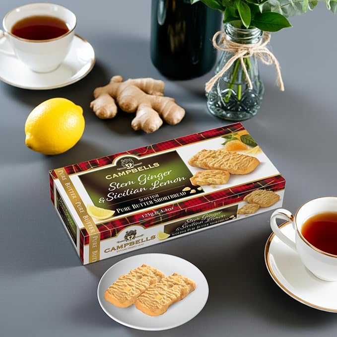 Campbells Shortbread with Stem Ginger & Sicilian Lemon 4.41 Oz (125g) - Pure Butter Scottish Shortbread Cookies from Scotland, Ginger Lemon Cookies, Gourmet British Tea Biscuits & Gift Box