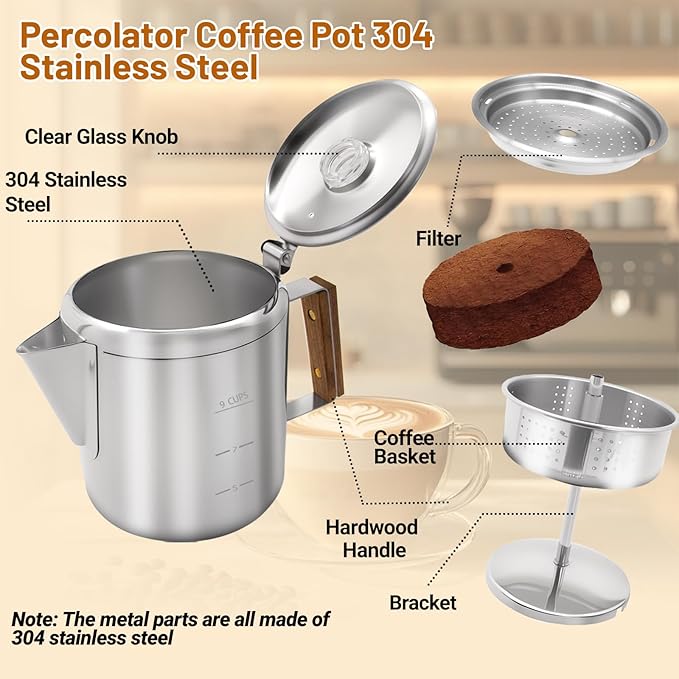 No Coating 9 Cup Percolator Coffee Pot 304 Stainless Steel Moka Pot Stovetop Espresso Maker Italian Greca Cuban Machine 1500ml 50.7oz Suitable for Gas Induction Stovetop Camping Kettle