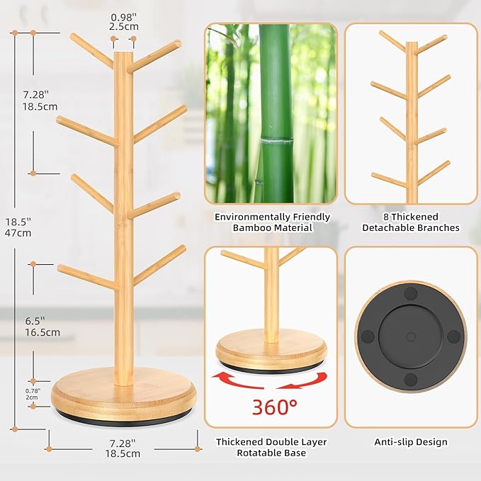 BAMBANG Mug Holder Tree, 360° Rotating 8 Hooks Coffee Cup Holder for Counter Top, Bamboo Coffee Mug Rack Stand for Kitchen Countertop Home, Natural