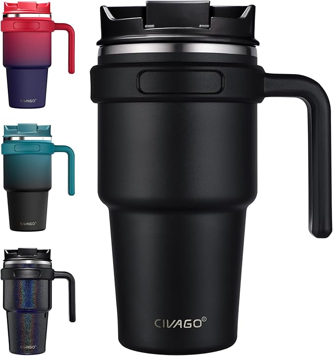 CIVAGO 20 oz Tumbler Mug with Lid and Straw, Insulated Travel Coffee Mug with Handle, Double Wall Stainless Steel Vacuum Coffee Tumbler, Thermal Coffee Cup, Flip lid, Black