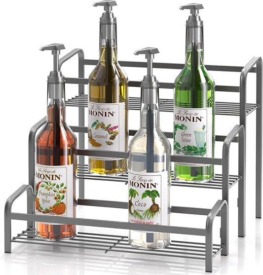 Coffee Syrup Organizer 3-Tier, 12 Bottles Capacity Coffee Syrup Rack, Metal Syrup Stand for Spice, Wine, Liquor, Bottle, Coffee Bar Station Racks Magnetic, No Installation, Grey