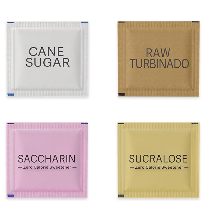 Variety Pack Sweeteners - Assorted mix for Tea, Coffee & Beverages – Includes Saccharin, Sucralose, Raw Brown & White Sugar – Convenient, Individually Wrapped Packets (400 Count Total)