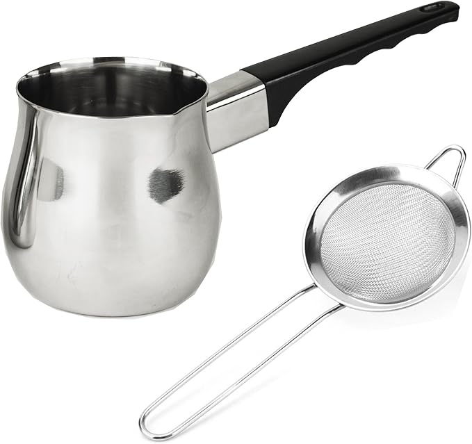 14oz Chai teapot and strainer combo. Turkish coffee pot and fine mesh strainer together for making perfect Prana Chai at home