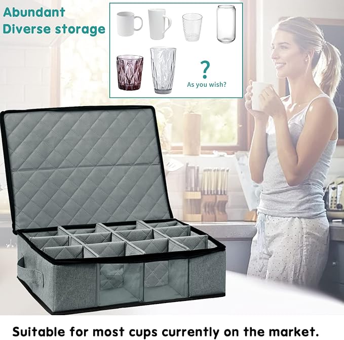 Boczif Coffee Cup Storage Box, Storage Containers Holds 12 Glassware, Coffee Mugs and Tea Cups, Padded Dinnerware Case with Dividers, Handles, Zipper & Lid, Stackable Holders for Plate, Cup, Flatware