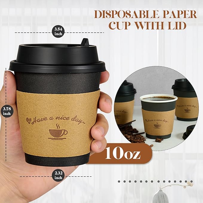 LITOPAK 100 Pack 10 oz Paper Coffee Cups for Hot Chocolate Drinks, Black Disposable Coffee Cups with Lids, Sleeves and Stirring Sticks for Parties, Picnic, Travel, and Events