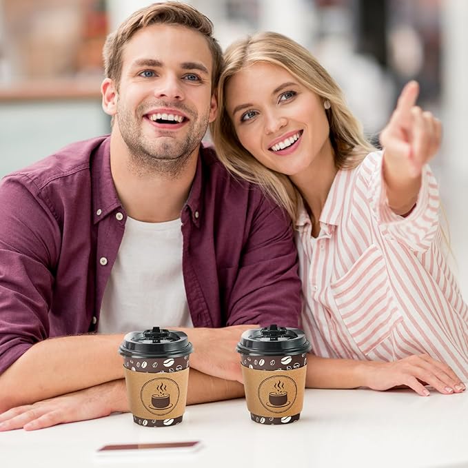 JOLLY PARTY 10oz(100 Pack) Disposable Coffee Cups with Lids, Sleeves and Straws - Paper Coffee Cups with Lids, Hot Cups for Shops, Cafes, and Concession Stands(Dark Brown)