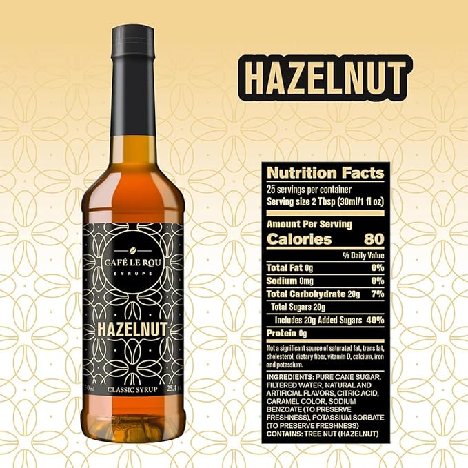 Cafe Le Rou Hazelnut Classic Syrup bottle with nutrition facts label on beige patterned background