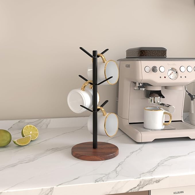 Coffee Mug Tree Holder Countertop, Non-Slip Walnut Wood Mug Rack with 6 Hooks, Coffee Cup Rack for Home Storage and Organizer (Brown)