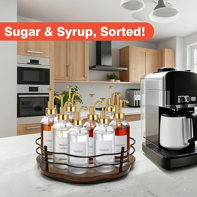 Rotating Coffee Syrup Rack Organizer 9 Bottles, Syrup Dispenser Holder for Coffee Bar Countertop Accessories, Turntable Tabletop Wine Display (Bottles Not Included)