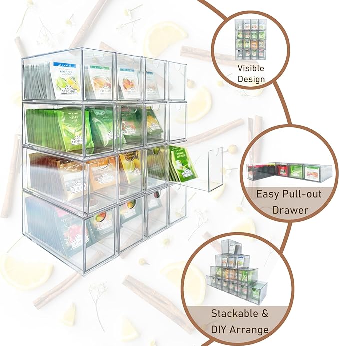 16-Pack Tea Bag Drawers Organizer - 16 Clear Plastic Drawer Tea Bag Holder; Stackable & Portable; Wider Size; Well-Organized Storage for Tea Bags & Kitchen Essentials；High Volume