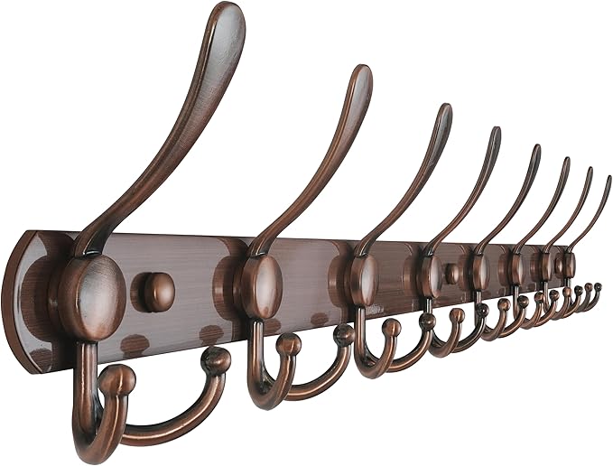 Dseap Coat Rack Wall Mount - 29.5” Long 8-Tri-Hooks Heavy Duty Coat Hanger Rail Wall Hooks for Hanging Coats Hats Clothing Clothes Purse Mudroom Entryway, Red Antique Copper