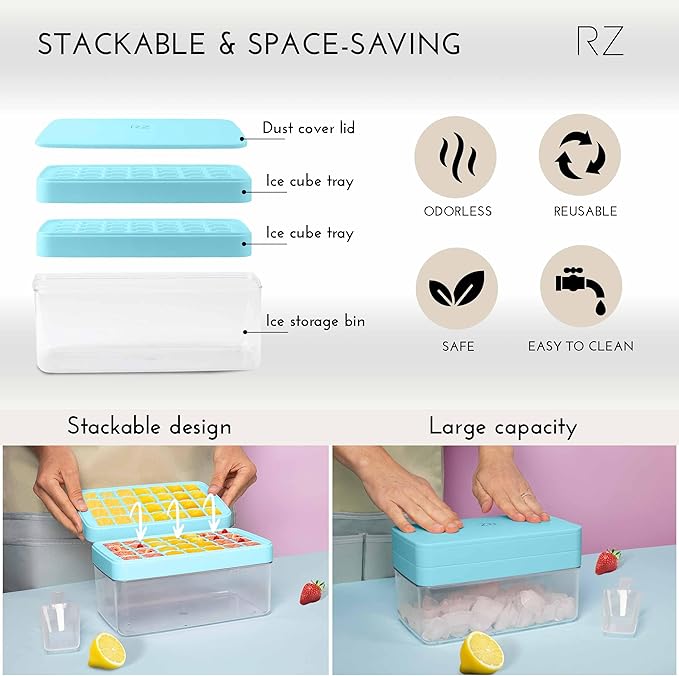 Rachel Zoe 2-Piece Stackable Ice Cube Tray with Bin Set, BPA Free 56 Cubes Ice Tray for Freezer with Bucket, Scoop and Easy Release Lid, for Fruit & Herb Infusions, Cocktails, Iced Coffee Drinks