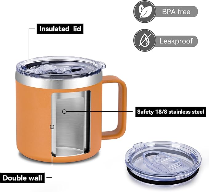 VEGOND 14 oz Insulated Coffee Mug Bulk with Handle, Stainless Steel Travel Coffee Mug with Lid, Double Wall Vacuum Metal Coffee Cup, Coffee Tumbler Powder Coated, Orange 8 Pack