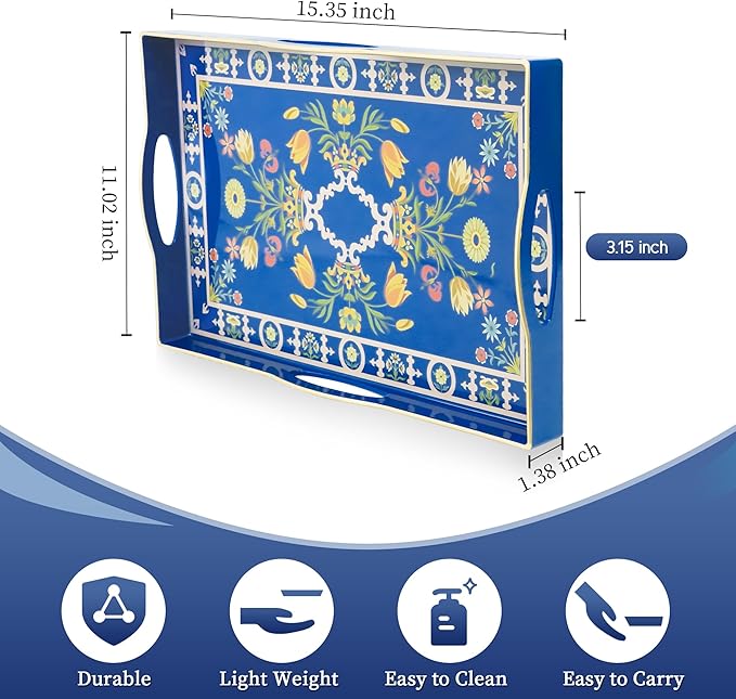 Gifturbo Blue Decorative Tray with Four Handles, Versatile Serving Tray for Coffee Table, Ottoman, Ideal for Serving, Displaying, Organizing,Home Decor