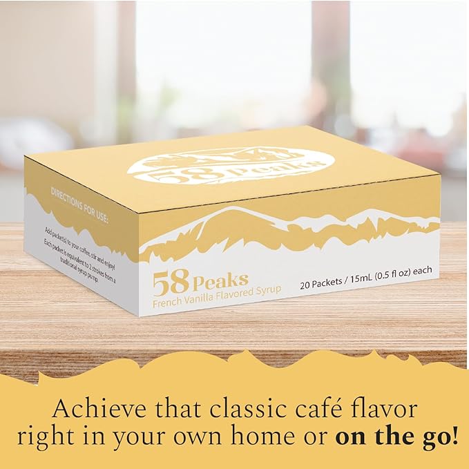 58Peaks French Vanilla Flavored Syrup Sweetener Packets for Hot and Cold Drinks | To-Go Syrup Flavoring Perfect for Coffee, Tea, Milkshake and More | Flavored Coffee Syrups for Travel | 15mL | 20-Pack