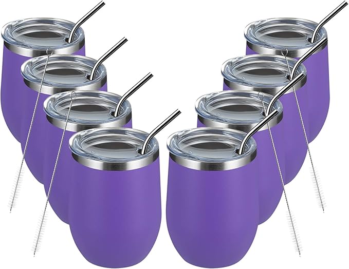 MEWAY 12oz/8 Pack Wine Tumbler Glasses with Lid - Stemless Double Wall Vacuum Stainless Steel Travel Tumbler - Keeping Cold & Hot for Wine,Coffee,Cocktails,Gifts (Purple,Set of 8)