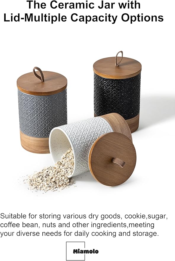 Ceramic Spice Jars with Lids, Coffee Canister with Airtight Lid, Small Kitchen Food Storage Jars for Spice Sugar Tea Bag, Stackable Decor Kitchen Jar for Counter - Gray & 20 fl.oz