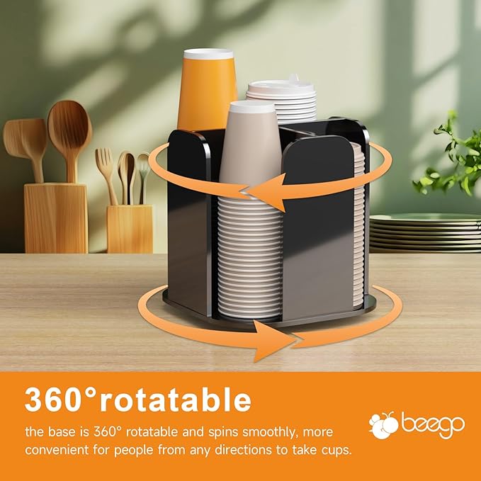 Beego Coffee Cup Holder Organizer - Rotatable 4 Compartments Black Acrylic Cup Dispenser Station With Lid Carousel - Countertop Plastic Cup Holder for Restaurant Breakroom Bar Accessories