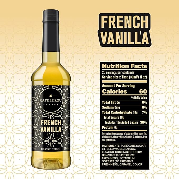 Café Le Rou French Vanilla classic syrup bottle with nutrition facts and ingredients on beige patterned background